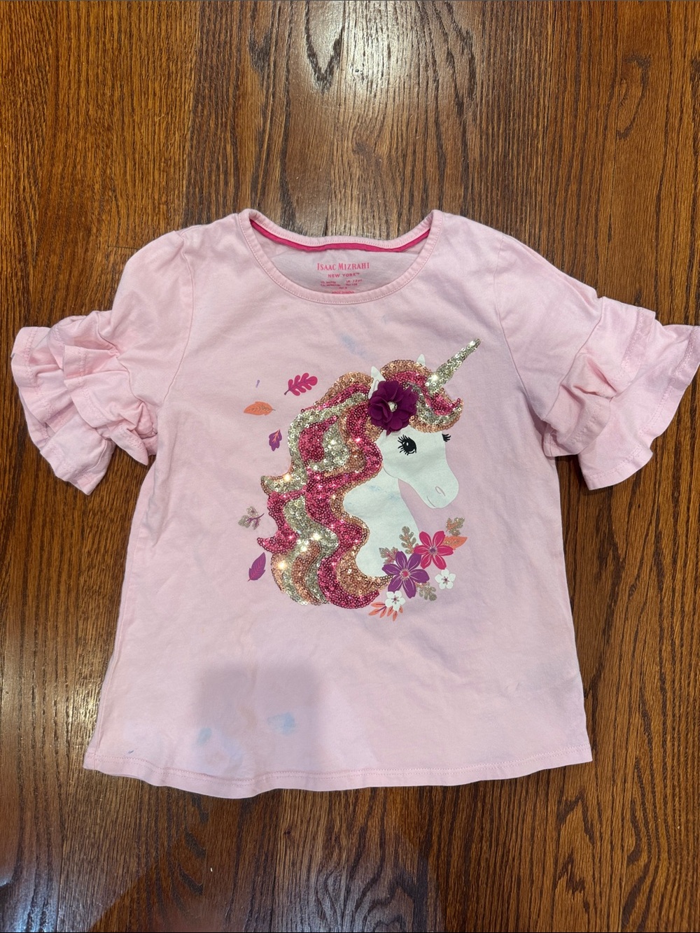 Isaac Mizrahi Pink Glitter Unicorn Ruffle-Sleeve Tee
